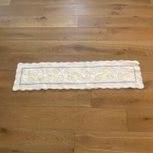 Quilted Table Runner in White w Light Blue Trim. Easter motif. Used. 4’4”L. 12”W